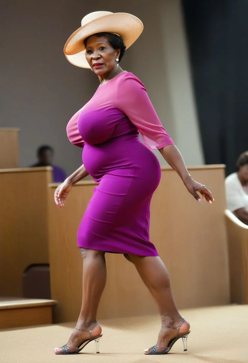 (Full body photo woman is visible from head to toe in her dress and high heels:1.4),photography, color, (Uganda female), (60 years old (grandmother:0.7):1.6),with short hair  ((wearing church blouse with church hat:1.6)) and (very high  platform heels) (((strutting  (under mind-control:2.5)on her tippy toes  in full view inside  (megachurch stage :2.0)))),(large diamond satanic spiral pendant:1.5)
 (her deeply pigmented ebony skin), (big hard nipples), (the largest macromastia tits), (extremely colossal boobs:2.6), (ultra busty hyper bimbo), (flawless boobs), (oiled nipples), (giant large dark areolas), (giant large black areolas), (very large and round areolas ), (giant areolas completely covering the breasts), (stiff long nipples), (saggy tits), (color photo), realistic, big areolas, giant boobs, (breast expansion),
break (9-inch high semi transparent open-toe high heels:2.6) (1990s's( megachurch stage ):2.0) (big wide ass)