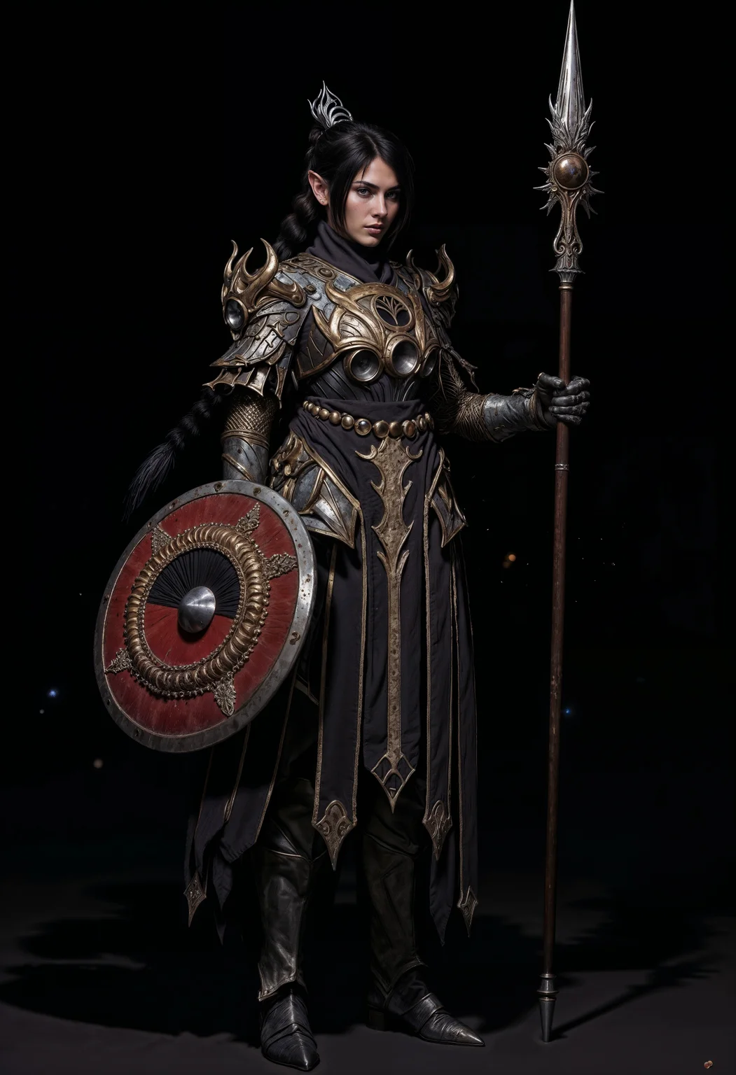 ShadowDJ, Image is a digital artwork featuring a warrior woman in a full-body portrait against a dark background. She has long black hair styled in a braid and wears a detailed, ornate, dark armor with intricate silver and gold detailing. Her skin is fair, and she has a determined expression. The armor includes a chest plate with circular designs and shoulder guards. She holds a large round shield with a red and black design featuring a white emblem, and an intricately designed spear staff. Her boots are sturdy and adorned with metal accents. The overall style is reminiscent of a fantasy or medieval theme, with a focus on strength and resilience. light particles, extremely sharp focus, unique artistic composition, (maximum ultra high definition image quality and rendering:3), maximum image detail, maximum realistic render, (((ultra realist style))), realist side lighting, , 8K high definition, realist soft lighting, (amazing special effect:3.5)
<lora:FluxMythP0rtr4itStyle:0.6> <lora:flux.1_lora_flyway_Epic-Characters_v1:0.6> <lora:Elden_Ring_-_Yoshitaka_Amano:0.33> <lora:FluxShadowDJV1:1>