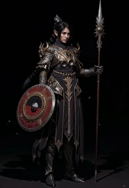 ShadowDJ, Image is a digital artwork featuring a warrior woman in a full-body portrait against a dark background. She has long black hair styled in a braid and wears a detailed, ornate, dark armor with intricate silver and gold detailing. Her skin is fair, and she has a determined expression. The armor includes a chest plate with circular designs and shoulder guards. She holds a large round shield with a red and black design featuring a white emblem, and an intricately designed spear staff. Her boots are sturdy and adorned with metal accents. The overall style is reminiscent of a fantasy or medieval theme, with a focus on strength and resilience. light particles, extremely sharp focus, unique artistic composition, (maximum ultra high definition image quality and rendering:3), maximum image detail, maximum realistic render, (((ultra realist style))), realist side lighting, , 8K high definition, realist soft lighting, (amazing special effect:3.5)
<lora:FluxMythP0rtr4itStyle:0.6> <lora:flux.1_lora_flyway_Epic-Characters_v1:0.6> <lora:Elden_Ring_-_Yoshitaka_Amano:0.33> <lora:FluxShadowDJV1:1>