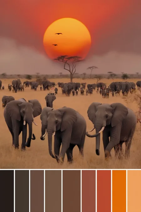 <lora:Cinema Color Palette:1>Color Palette - A sun-soaked African savannah. Elephants parade majestically against the backdrop of a fiery sunset, with tribal warriors watching from a distance.