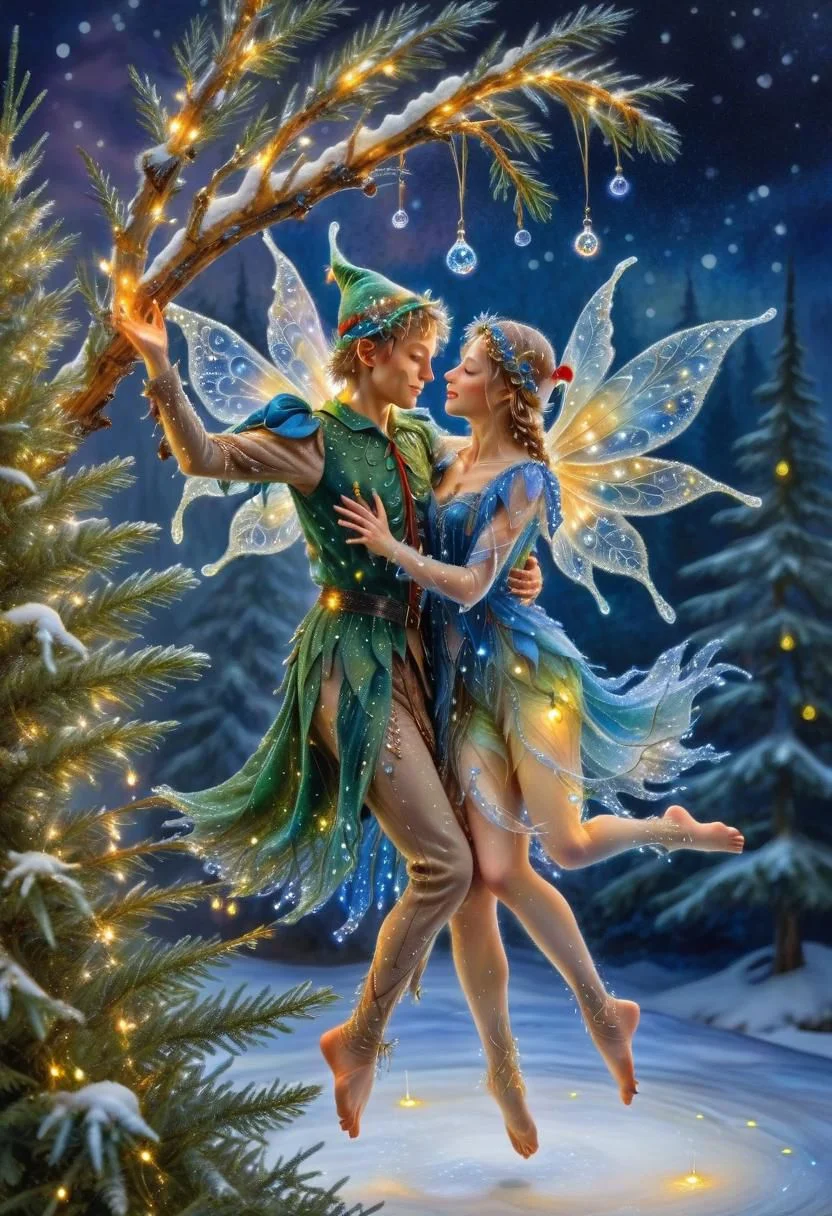 Masterpiece, watercolor: A couple of Epoch Elves engaged in a passionate dance (similar to Elodie Guipaud and Celina Ralph) on a branch of an Christmas tree, Christmas scene, dew droplets, illuminated by a single glowing firefly. Fairytale-like atmosphere. Christmas-like atmosphere, snow, Soft, tender. Bokeh. In the style of Josephine Wall and Takashi Murakami and Boris Vallejo. among christmas decorations, smile, fluffy, lights, holiday atmosphere, ultra-fine, digital painting