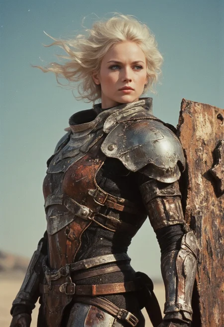 n30nfilm, hkmecha, Upper body shot of a fierce albino alien mecha-knight in the heat of battle, captured with the gritty realism of an old analog camera. Her pale, white skin blends seamlessly with her mechanical, sci-fi components, while translucent glass-like hair sparkles in the sunlight, creating an ethereal, otherworldly aura. Her body is a fusion of advanced cybernetic technology and sleek robotic parts, cables and wires snaking beneath the surface of her armor. Rusted, iron-reinforced plates are attached to her, worn and weathered from countless battles. Her mechanical limbs gleam under the glow of her crackling sword, which pulses with dark energy. The eerie light illuminates her sharp, robotic features, casting a fierce determination across her battle-hardened face. Cables feed power into a massive, sinister shield strapped to her arm, adorned with jagged designs and radiating an aura of dark magic. Sparks and energy surge across her metallic frame, the interplay of light and shadow emphasizing her beauty and power. The grainy texture of the analog film enhances the raw, cinematic feel, capturing this mecha-knightess poised for a devastating strike, her glowing sword and robotic body ready to unleash their full potential.