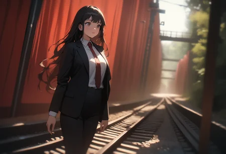 1girl, long hair, black hair, brown eyes, formal, business suit, white shirt, necktie, black jacket, black pants, standing, outdoors, railroad tracks, forest, red curtains, scenery, surreal, <lora:Twin Peaks style:1> Twin Peaks style, shallow depth of field, cinematic angle, filmic, (masterpiece), (best quality), (ultra-detailed), very aesthetic, perfect composition, intricate details, absurdres