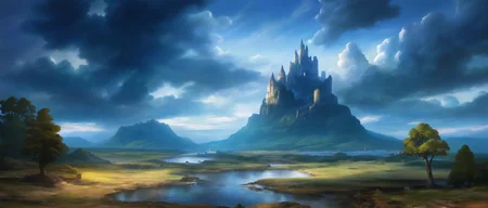 masterpiece,absurdres,best quality,high quality,<lora:Vanillaware XLV3 Vpred Noob:1>,scenery,outdoors,no humans,sky,cloud,castle,tree,water,nature,