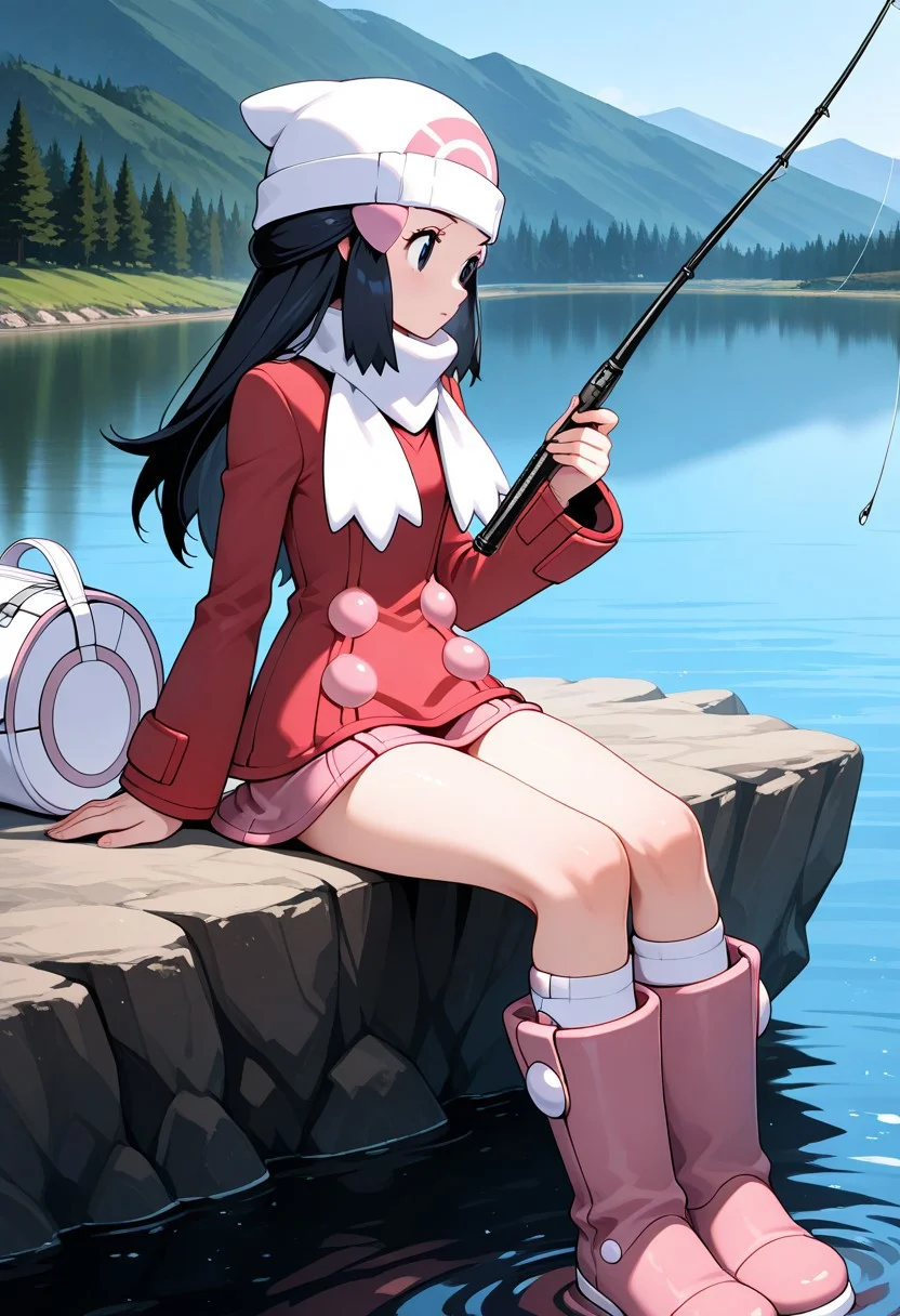 1girl,dawn_(Pokemon Platinum),lake landscape,Fishing,black long hair,pink hairclip,white beanie,red coat,front right placket Peacoat,white scarf,white kneehighs,white duffel bag,pink boots,pink miniskirt in coat,pink buttons on coat,bracelet in right hand,perfection style,masterpiece,best quality,amazing quality