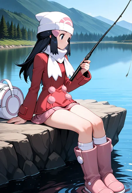1girl,dawn_(Pokemon Platinum),lake landscape,Fishing,black long hair,pink hairclip,white beanie,red coat,front right placket Peacoat,white scarf,white kneehighs,white duffel bag,pink boots,pink miniskirt in coat,pink buttons on coat,bracelet in right hand,perfection style,masterpiece,best quality,amazing quality