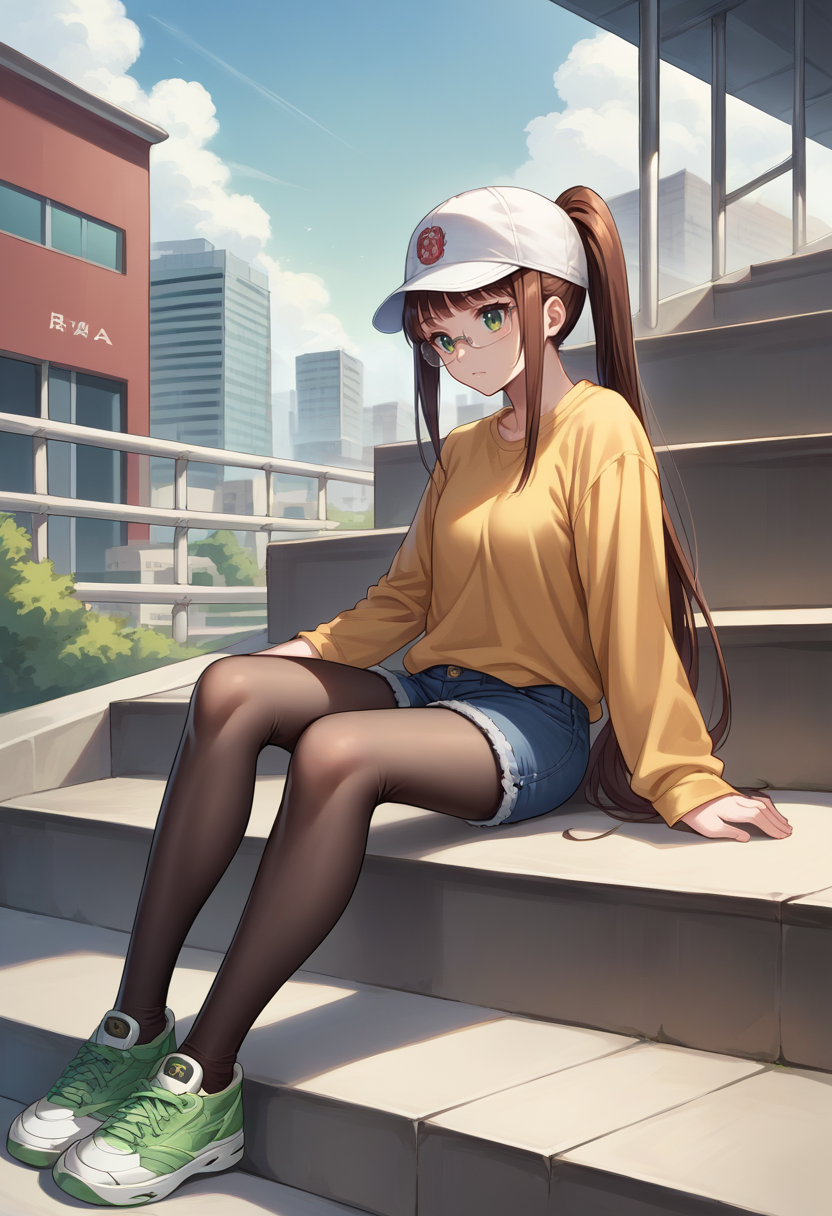 score_9, score_8_up, source_anime, 1girl, RuriMiyamoto, brown hair, bangs, very long hair, ponytail, green eyes, glasses, baseball cap, graphic tee, denim shorts, pantyhose under shorts, sitting, stairs, outdoors, city, sneakers, <lora:ChamRuriMiyamotoPonyXL:1>