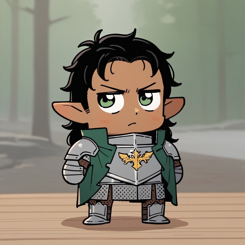 (((beautiful, high quality))), upper Body, score_9, score_8_up, score_7_up, wood elf Man, 1male, brown skin, curly hair, black hair, long hair, green cape, messy hair, posing, silver armor, golden shield crest, blurred background, steel armor, armor, knight, full body, tiny body, green eyes, looking to the camera, serious expression, cute, closer