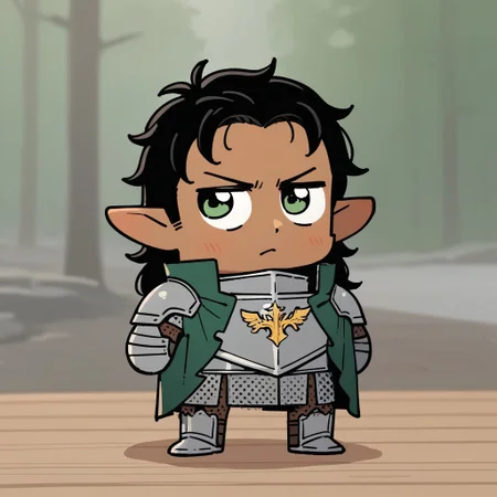 (((beautiful, high quality))), upper Body, score_9, score_8_up, score_7_up, wood elf Man, 1male, brown skin, curly hair, black hair, long hair, green cape, messy hair, posing, silver armor, golden shield crest, blurred background, steel armor, armor, knight, full body, tiny body, green eyes, looking to the camera, serious expression, cute, closer