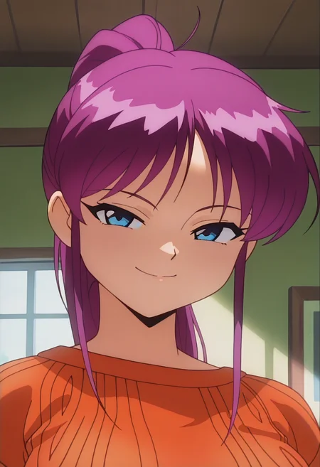 masterpiece, best quality, amazing quality, absurdres, 1girl, solo, (portrait:1.2), takamiww, blue eyes, purple hair, long hair, ponytail, sidelocks, medium breasts, orange sweater dress, looking at viewer, smile, indoors, day, skindentation, detailed clothing folds, depth of field, sharp, high contrast, dynamic light <lora:Oide_Takami_Nageki_no_Kenkou_Yuuryouji_ill_v11:0.9>