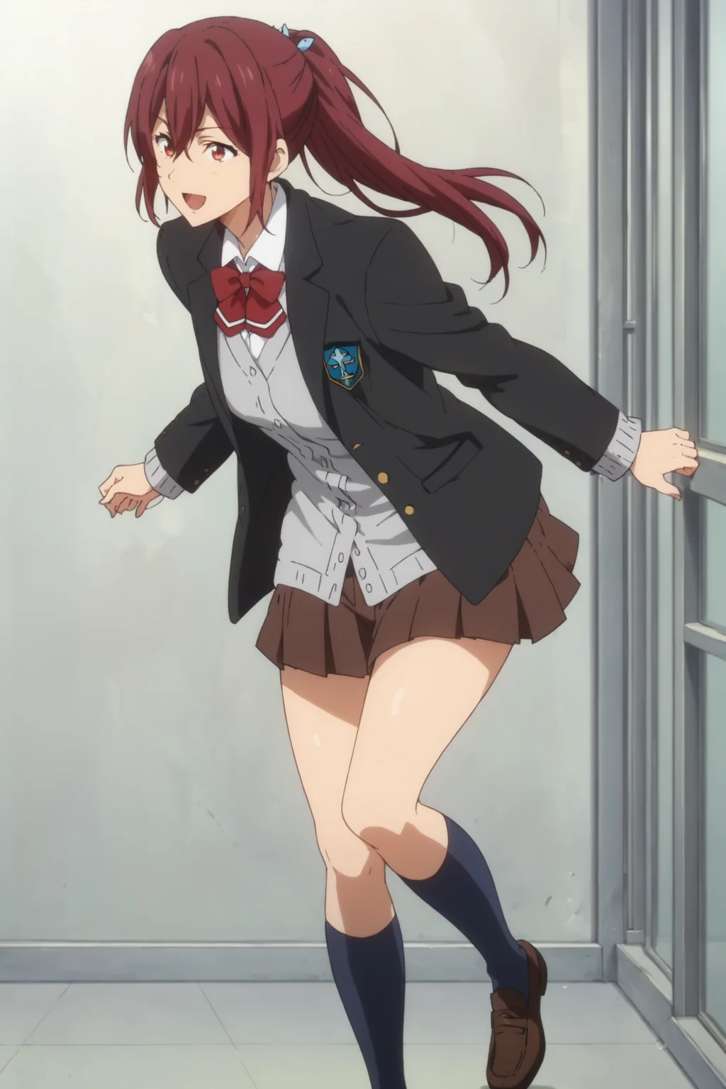 gou matsuoka, red eyes, red hair, long hair, ponytail, school uniform, blazer, jacket, shirt, gray sweater, brown skirt, pleated skirt, black kneehighs, loafers, red bowtie, <lora:Gou_Matsuoka:0.8>, score_9, score_8_up, score_7_up, score_6_up, score_5_up, source_anime, rating_safe, medium breasts, indoors,classroom, 1girl, solo, looking at viewer, <lora:age_slider_v4:3>, running, smile, open mouth, (anime screencap:1.2)
