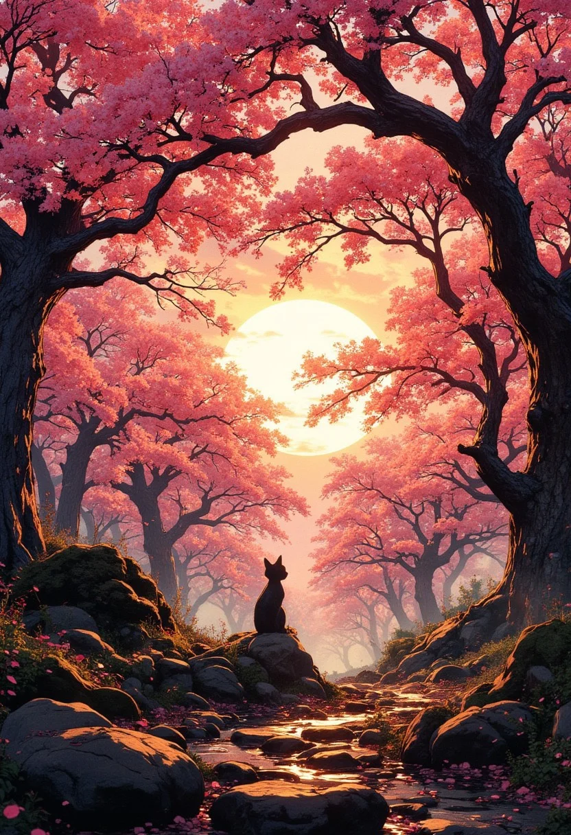 valley, fairytale Sakura trees village covered, highly detailed, dynamic lighting, cinematic, realism, realistic, photo real, sunset, detailed, high contrast, denoised, centered, michael whelan, cherryblossoms, huge Sakura trees, A mesmerizing image of smoke lit with a heavenly light elegantly forming a lifelike cat silhouette