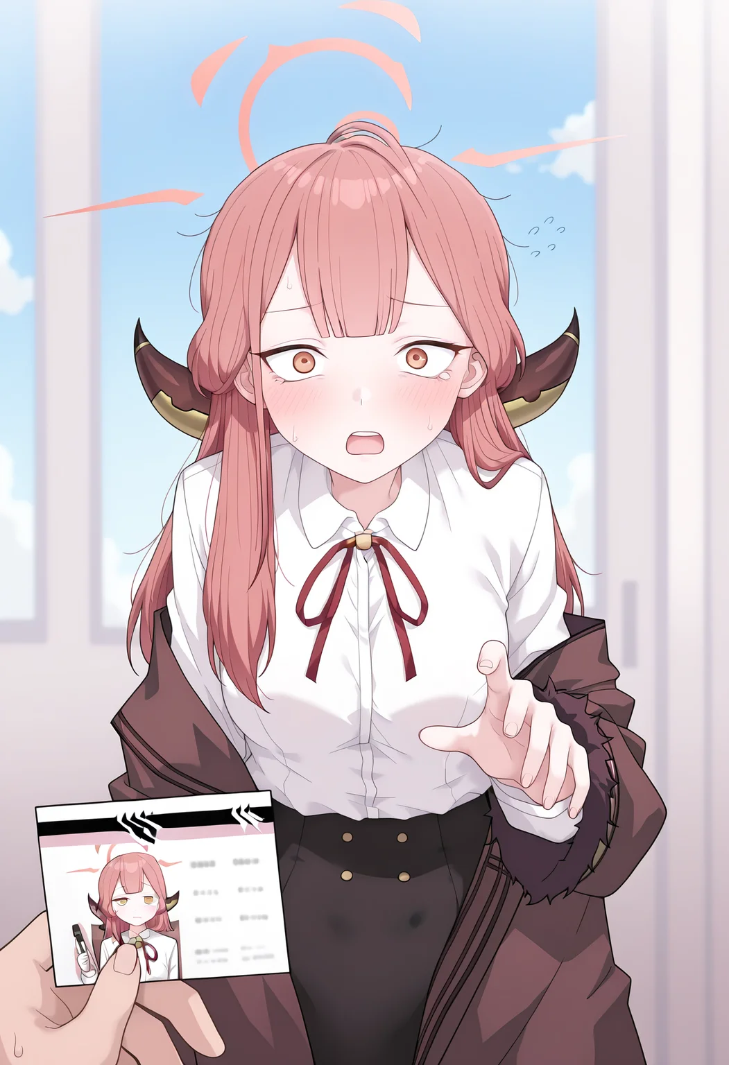 masterpiece, best quality, high resolution, source_anime, highly detailed illustration, detailed eyes,
very aesthetic, absurdres, newest, amazing quality, official art,
<lora:shiAruMemeV1ill:1>, shiarupastmeme, meme, 1girl, long hair, looking at viewer, blush, open mouth, shirt, skirt, long sleeves, 1boy, holding, ribbon, white shirt, yellow eyes, pink hair, horns, collared shirt, solo focus, indoors, white gloves, black skirt, blunt bangs, blurry, sweatdrop, halo, coat, red ribbon, orange eyes, neck ribbon, pov, flying sweatdrops, demon horns, paper, shirt tucked in, pov hands, id card, brown coat, aru \(blue archive\)
