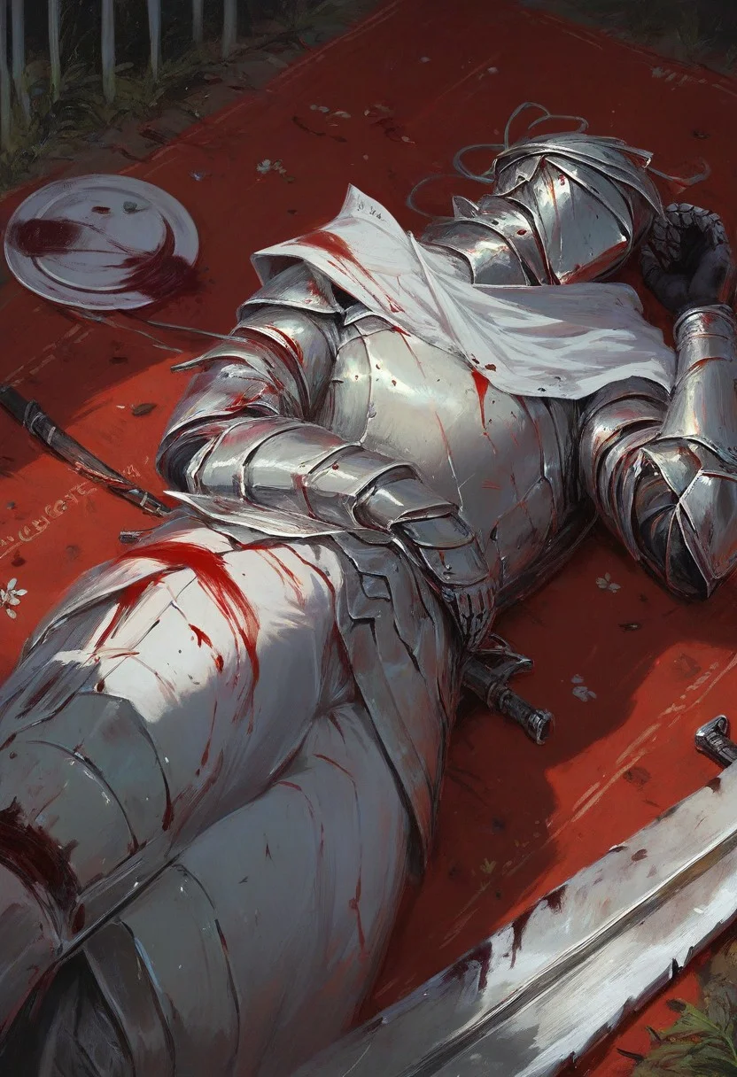 score_9, score_8_up, score_7_up, intimate character design, modern-style color illustration, bold, powerful, lifelike art, detailed setting, (black knight holding a sword), plate armor, laying onto sword, blood coming out of armor, tired, wounded