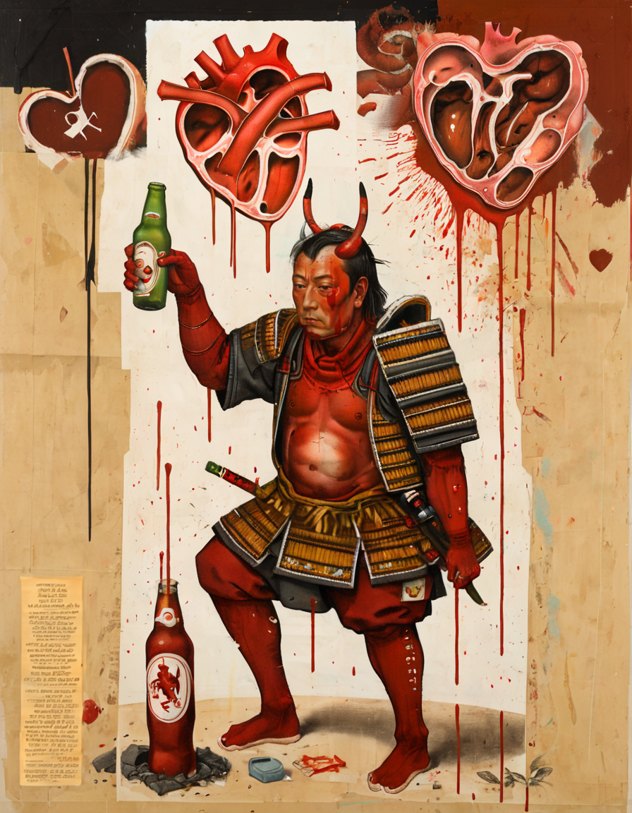 <lora:rvaz-000007:0.8>rvaz, samurai holding a beer, red paint splash, anatomical heart, trash on ground