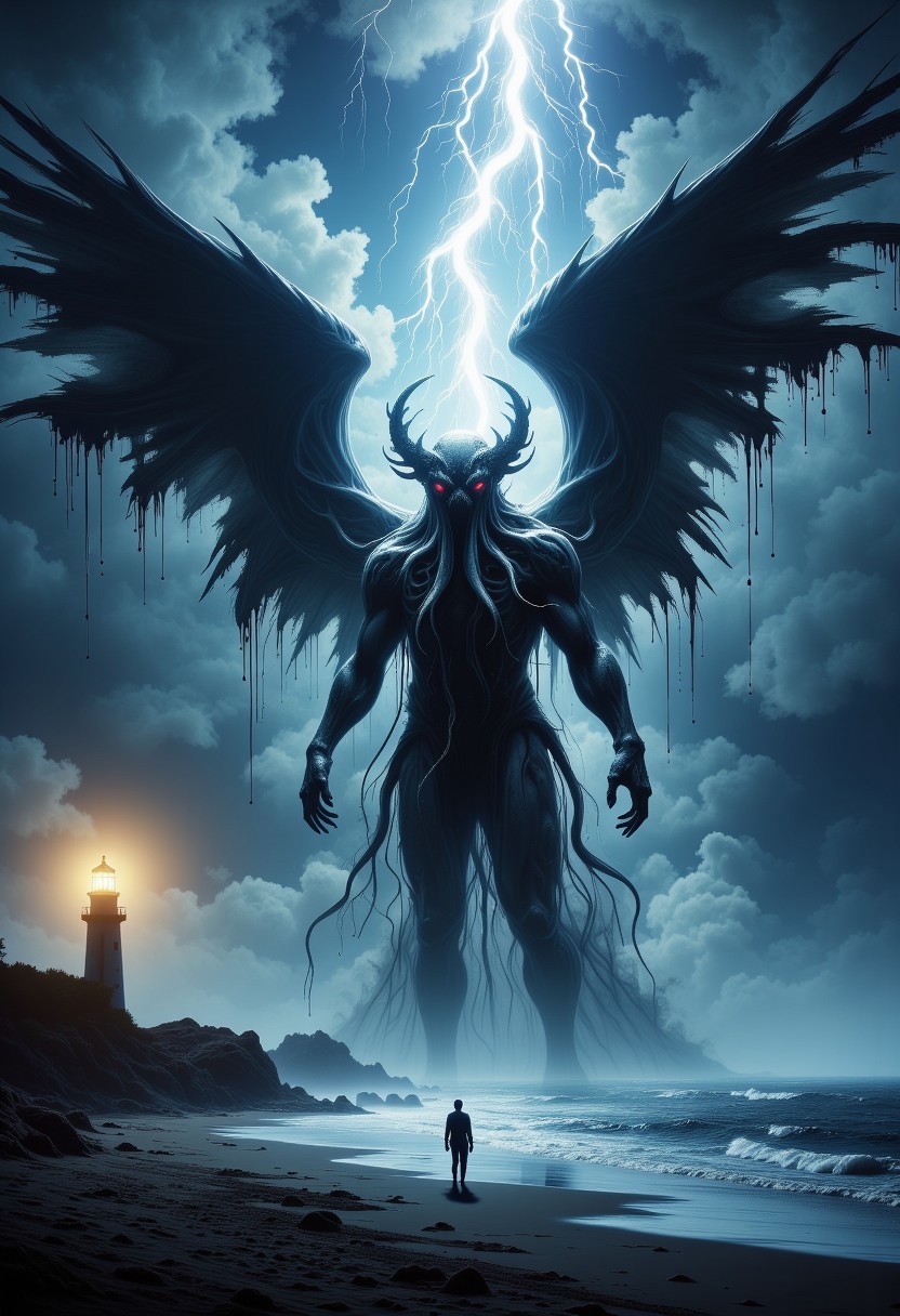 rising of the ocean on a dark night a giant human body walking towards the sailor with kraken head with a lot of kraken giant tentacles coming out of your head, extra large dark wings, cthulhu, shadow.a diagonal flash of a lightning bolt tearing the scene, a sailor figure, almost tiny in size is standing still on the edge of the beach looking at the ocean. in the left corner of the scene is a lighthouse with a yellow light focused on the ocean reflecting in the water on an island in the ocean. dark atmosphere. terror and horror feeling.