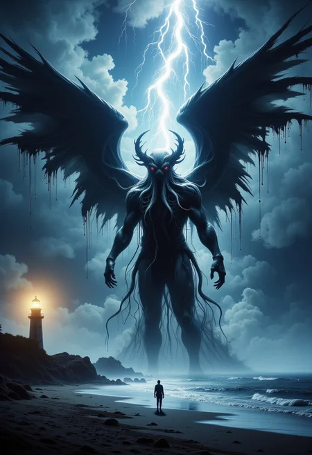 rising of the ocean on a dark night a giant human body walking towards the sailor with kraken head with a lot of kraken giant tentacles coming out of your head, extra large dark wings, cthulhu, shadow.a diagonal flash of a lightning bolt tearing the scene, a sailor figure, almost tiny in size is standing still on the edge of the beach looking at the ocean. in the left corner of the scene is a lighthouse with a yellow light focused on the ocean reflecting in the water on an island in the ocean. dark atmosphere. terror and horror feeling.