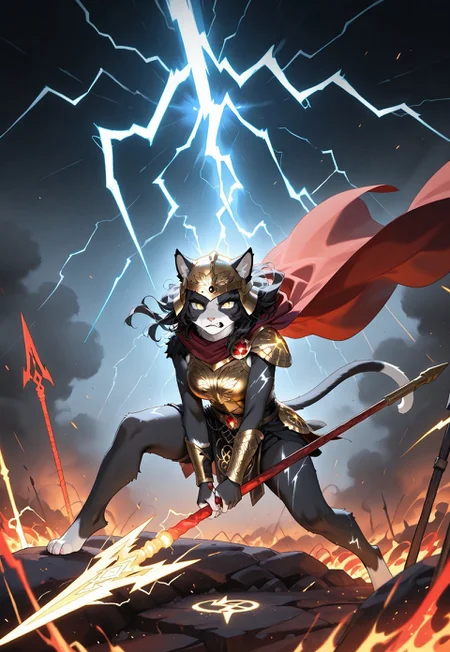 masterpiece, score_9, anthro, furry, 1girl, Ember (ESO), feline, black and white fur, yellow eyes, detailed fur, cat tail, dynamic action pose, wearing ancient Greek bronze cuirass engraved with magical runes, flowing crimson cape, Corinthian-style helmet tucked under one arm, (holding a massive lightning spear:1.6), furious expression, battlefield of broken marble and fallen warriors behind, flames rising into the sky, fierce sunlight cutting through smoke, swirling dust and embers, cinematic intense lighting, raw energy and emotion