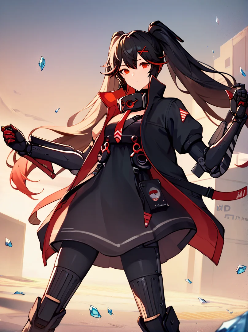 score_9, score_8_up, score_7_up, score_6_up, score_5_up, score_4_up, source_anime, plumebase,  uncensored, twintails, very long hair, black hair, red eyes, two-tone hair, x hair ornament,
black coat, high collar, open coat, short sleeves, black dress, mechanical arms, mechanical legs, collar, red tie, drone,
BREAK ice, subsurface scattering, floating hair, blizzard, wind, looking at viewer, serious
<lora:luciaplume-step00001600:1>