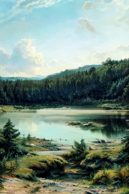 extremely detailed, karelian forest on shore big lake, rocks and cliffs on shores, water as mirror, day, shihing, white clouds, mountain, horizon, mountainous horizon, day, sky, cloud, epic landscapes, show a mystical terrain,