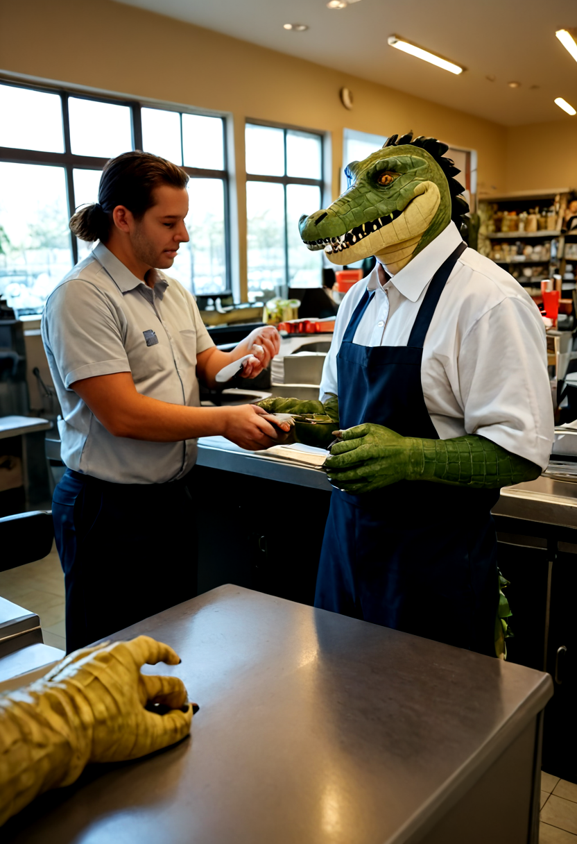 score_9, score_8_up, score_7_up, BREAK, 8k,
cashier, 
(crocodile:1.2), scales, animal focus, (personification:1.2), 
highly detailed,
<lora:add-detail-xl:1>,
<lora:sdxl_lightning_4step_lora:1>,
<lora:Real_Cashier_PDXL_v1:0.75>