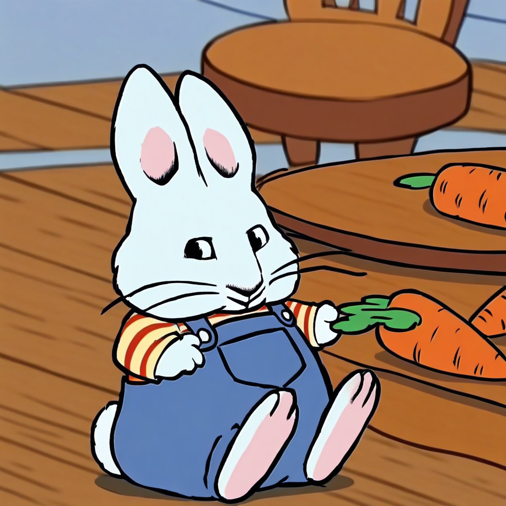 score_9, solo, max_mr, rabbit, furry, overalls, striped shirt, whiskers, table, carrots