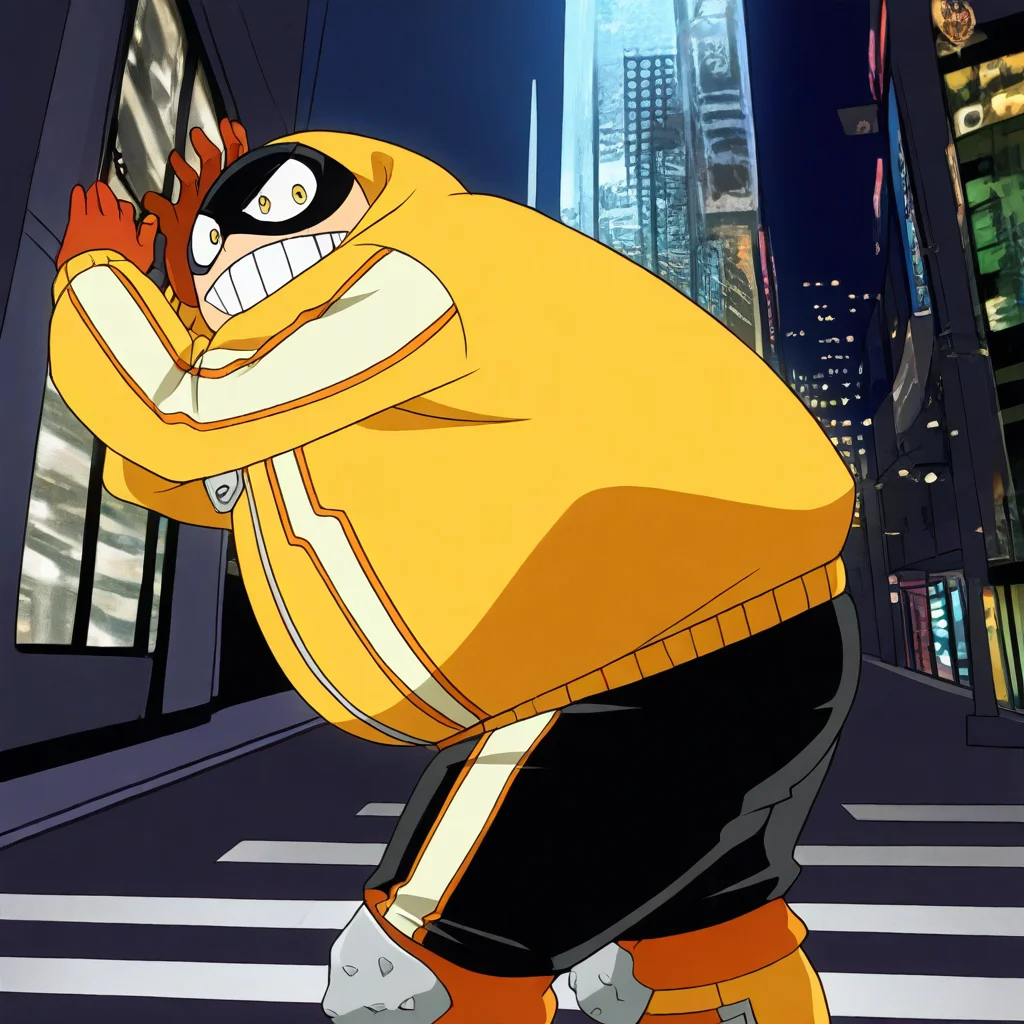 fatgum, male, overweight, black mask, yellow jacket, black track pants, boots, knee pads, gloves, hood up, yellow eyes, zipper pull tab, looking at viewer, dynamic action, expressive cute face, cute pose, male focus, solo, shot, from side, male focus, leaning forward, looking down at viewer, expressive face, grin, outdoors city street, cityscape, scenery, from below, dutch angle,, intricately detailed illustration, masterpiece,best quality,amazing quality,very aesthetic,absurdres,newest