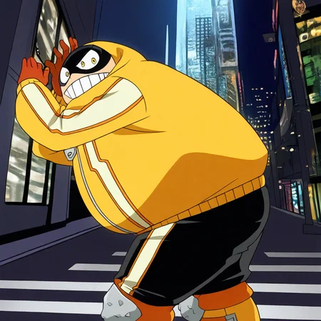 fatgum, male, overweight, black mask, yellow jacket, black track pants, boots, knee pads, gloves, hood up, yellow eyes, zipper pull tab, looking at viewer, dynamic action, expressive cute face, cute pose, male focus, solo, shot, from side, male focus, leaning forward, looking down at viewer, expressive face, grin, outdoors city street, cityscape, scenery, from below, dutch angle,, intricately detailed illustration, masterpiece,best quality,amazing quality,very aesthetic,absurdres,newest