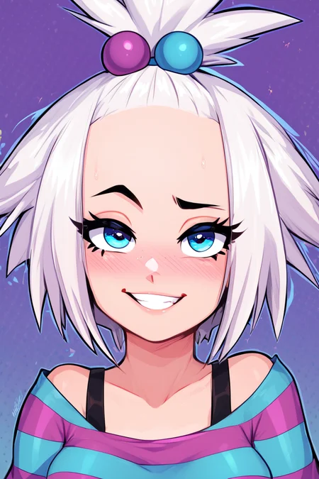 score_9, score_8_up, score_8, medium breasts, (curvy), cute, eyelashes, BREAK, , BREAK, zzRoxie, blue eyes, white hair, hair bobbles, topknot, striped dress, <lora:Roxie_Pokemon_PDXL_Citron:0.8>,, <lora:Afrobull_PDXL_v5:0.8>, , BREAK, smile, looking at viewer, cowboy shot, embedding:zPDXL, Expressiveh, <lora:SDXLFaeTastic2400:0.5>, <lora:Expressive_H-000001:0.4>,