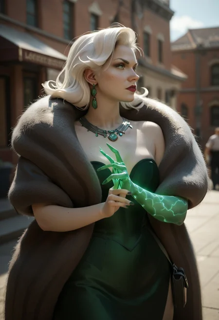 score_9, score_8_up, score_7_up, masterpiece, 1girl, solo, lady geist, white hair, 1girl,green eyes, female focus, long green dress, fishnets, fur scarf, pistol, green ghost arm