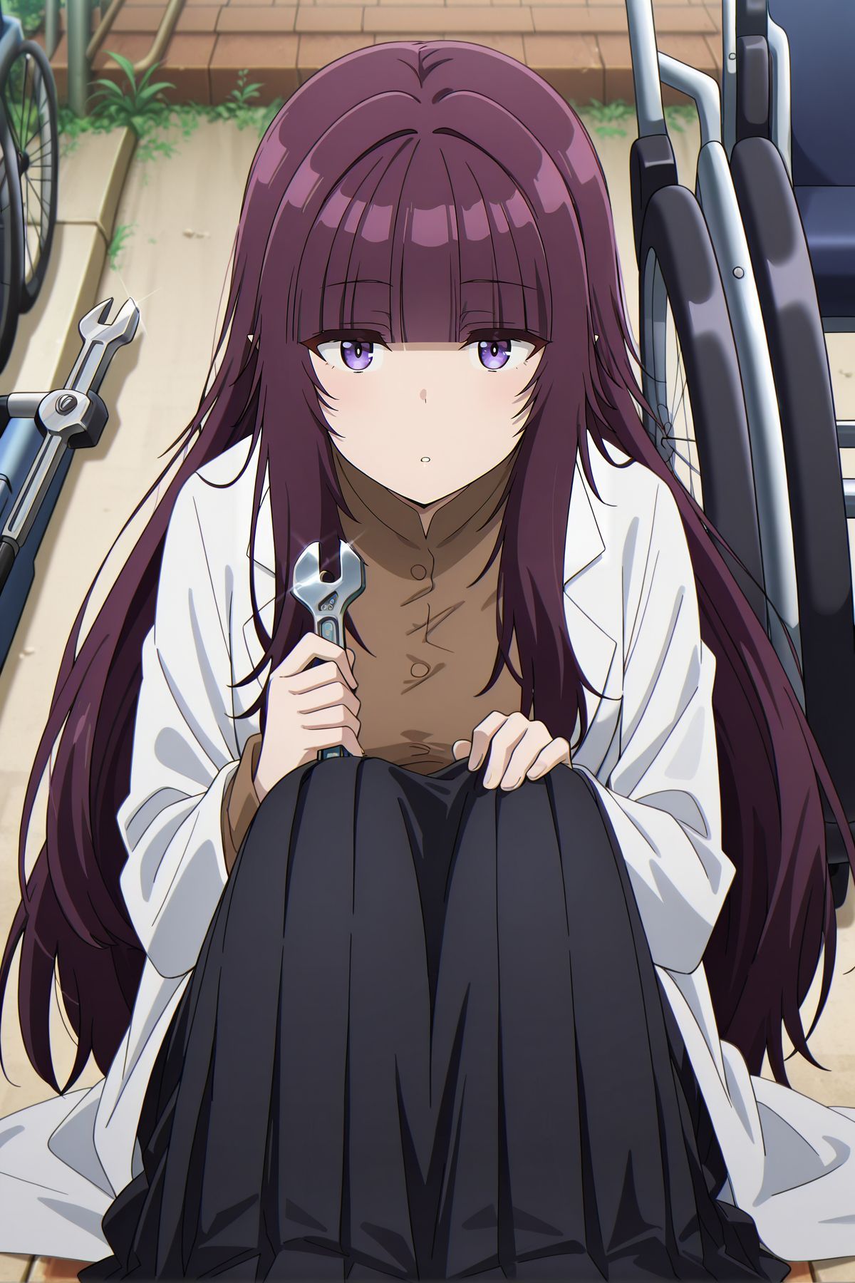 absurdres, highres, masterpiece, best quality, amazing quality, official anime artwork, screencap, anime screencap, outdoors, dynamic pose,  looking at viewer, 
<lora:Eta_Illustrious:1> Eta, 1girl, solo, purple eyes, purple hair, long hair, blunt bangs, sidelocks, pointy ears,, brown sweater, white coat, lab coat, open coat, black skirt, long skirt, pleated skirt, holding wrench, 
sitting, wheelchair,