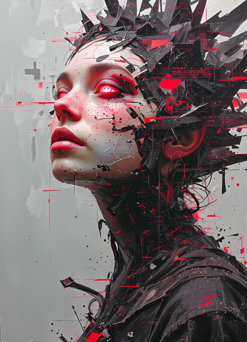 A hyperrealistic portrait of a woman with glowing white eyes. The edges of her face dissolve into cascading fragments of black and red text, as though she is disintegrating into a sea of cryptic data.   Glitch-like patterns - intersecting red lines and distorted code - blend with her skin. She is caught between the physical and digital worlds.   The lighting is cold and minimal, with the white glow of her eyes casting a faint, spectral light onto the fragmented parts of her face. The background is an abyss of dark, fractured digital space, with subtle flashes of red text fragments, enhancing the surreal and haunting atmosphere.   Dutch angle. S1n0z1ck style
