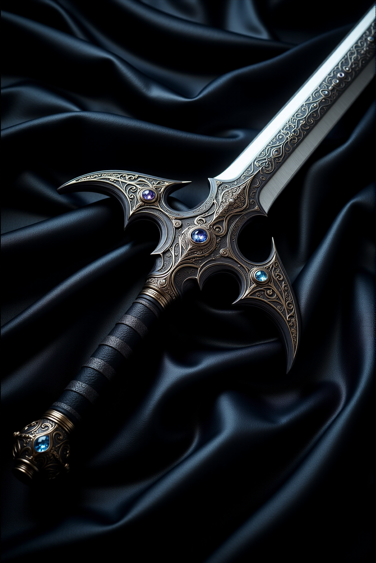 <lora:Cold_Weapon:0.7> ColdWeapons style. This image showcases  a ((macro shot)) of an exquisitely designed, enchanted, glowing sword's hilt, a true masterpiece of craftsmanship blending intricate artistry with formidable lethality. The sharp blade, forged from polished steel with a mirror-like reflective finish, is adorned with an elaborate, fine engravings. The hilt and guard are ornately sculpted, featuring elaborate filigree and gothic motifs in polished black steel, accentuated by deep carvings and swirling patterns reminiscent of ancient mystical runes. The crossguard extends into sharply curved talons, echoing the wave form, creating an imposing silhouette that speaks of both elegance and destruction. Subtle gemstones are embedded within the hilt, shimmering with an inner light that suggests latent magical energy coursing through the weapon. The handle, wrapped in black leather, offers an ergonomic grip, ensuring both comfort and precise control. Every detail, from the elegant curvature of the blade's edge to the subtle interplay of light and shadow across its engravings, conveys a sense of power and history, as though this sword has witnessed legendary battles and awaits the hand of a worthy warrior to wield its might once more. Black velvet background. Dim light.
