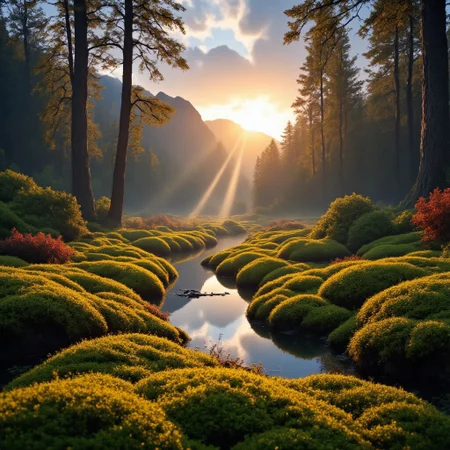 A mist-shrouded fen at dawn, viewed from a low-angle perspective highlighting dew-laden moss carpets glowing with golden sunlight. Above, a sweeping aerial shot reveals serpentine peat pools reflecting sapphire skies, bordered by gnarled birch trees draped in emerald lichen. Sunbeams pierce through swirling mist, casting ethereal light trails over bioluminescent fungi clusters and crimson cranberry thickets. Close-up details showcase water droplets on sphagnum moss textures, while a dynamic tracking perspective follows a heron's flight across the wetland mosaic. Masterpiece, 8k resolution, ultra-detailed environmental atmosphere, vibrant emerald and amber gradients, chiaroscuro lighting effects, photorealistic naturalism.