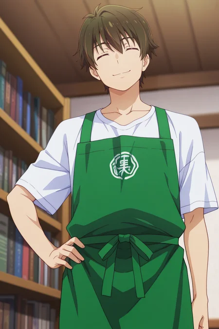 masterpiece, best quality, amazing quality,high resolution, intricate details,official style,depth of field,anime coloring,anime screencap, , , 1boy, solo, male focus, , ,  <lora:Wataru_Sajo:0.72>, wataru sajo,dark brown hair,short hair,smile,shirt, closed mouth, collarbone, white shirt, closed eyes, short sleeves, indoors, apron, hand on own hip, t-shirt, facing viewer, bookshelf, green apron,from below