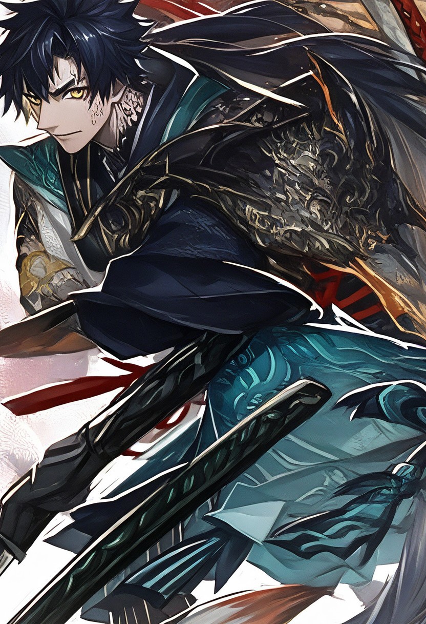 Pale skin, human in a kimono, samurai, seathed katana, golden eyes, black hair, 1boy, tattoos, full-body in frame, colorful scales,