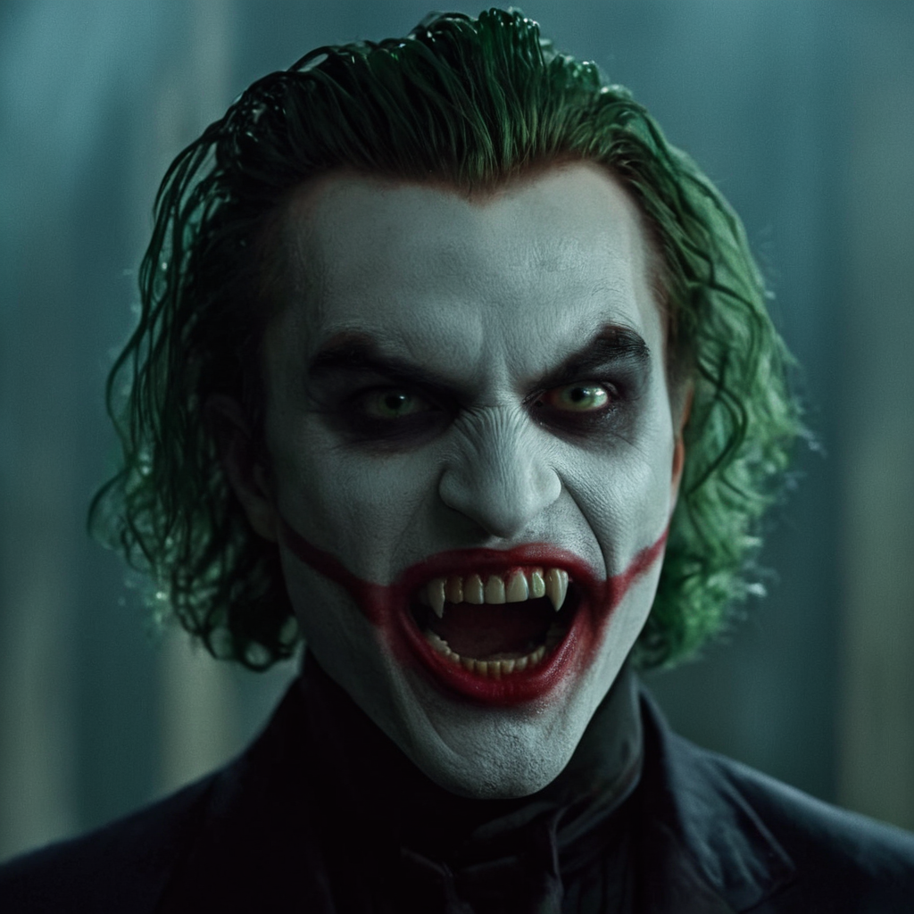cinematic film still of  <lora:perfection style:0.5> perfection style
 <lora:fang:0.8>
vampire fangs teeth a man with joker hair and a joker nose, scary, thriller, horror style, gothic movie themed, sharp, detailed, epic cinematic photography, artistic, creative, dramatic light, cinematic color style, Kodak film style, vampire fangs teeth style, vampire teeth style, vampire fangs style, solo, looking at viewer, 1boy, green eyes, male focus, green hair, teeth, blood, colored skin, fangs, portrait, realistic, vampire, popped collar, short hair, scar, high collar, sharp asymmetrical joker teeth, joker mouth scar mar
, shallow depth of field, vignette, highly detailed, high budget, bokeh, cinemascope, moody, epic, gorgeous, film grain, grainy