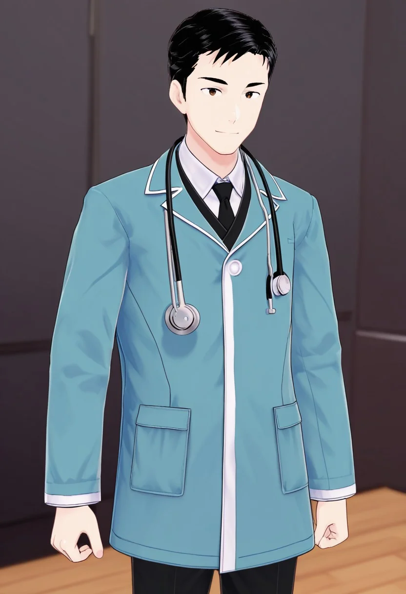 harmard, black hair, short hair, brown eyes, 1boy, solo, solo focus, wearing doctor uniform, black pants, stethoscope hanging on neck