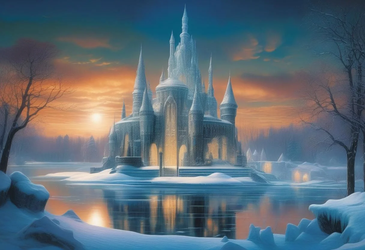 A whimsical winter wonderland, 
with ice sculptures and twinkling lights adorning the frozen lake. evening, 
intricate design, 
cinematic lighting, 
LP cover, 
Giger Marc Simonetti print, 
Mysterious
