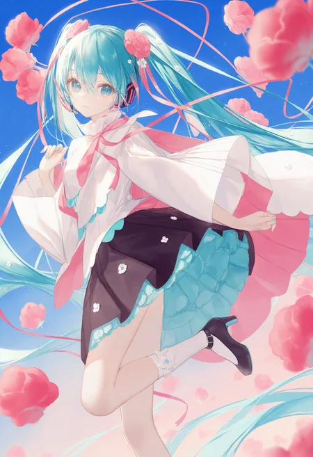 <lora:myc1_noob1.1-000189:1>,
1girl, solo, hatsune miku, magical mirai miku, flower, long hair, pink flower, very long hair, hair ornament, rose, looking at viewer, hair flower, pink rose, leg up, aqua hair, black footwear, twintails, skirt, high heels, white flower, wide sleeves, aqua eyes, socks, shoes, dress, absurdly long hair, long sleeves, black skirt, sky, white socks, hair between eyes, shirt, ribbon,
masterpiece,best quality,newest,absurdres,highres,very awa,