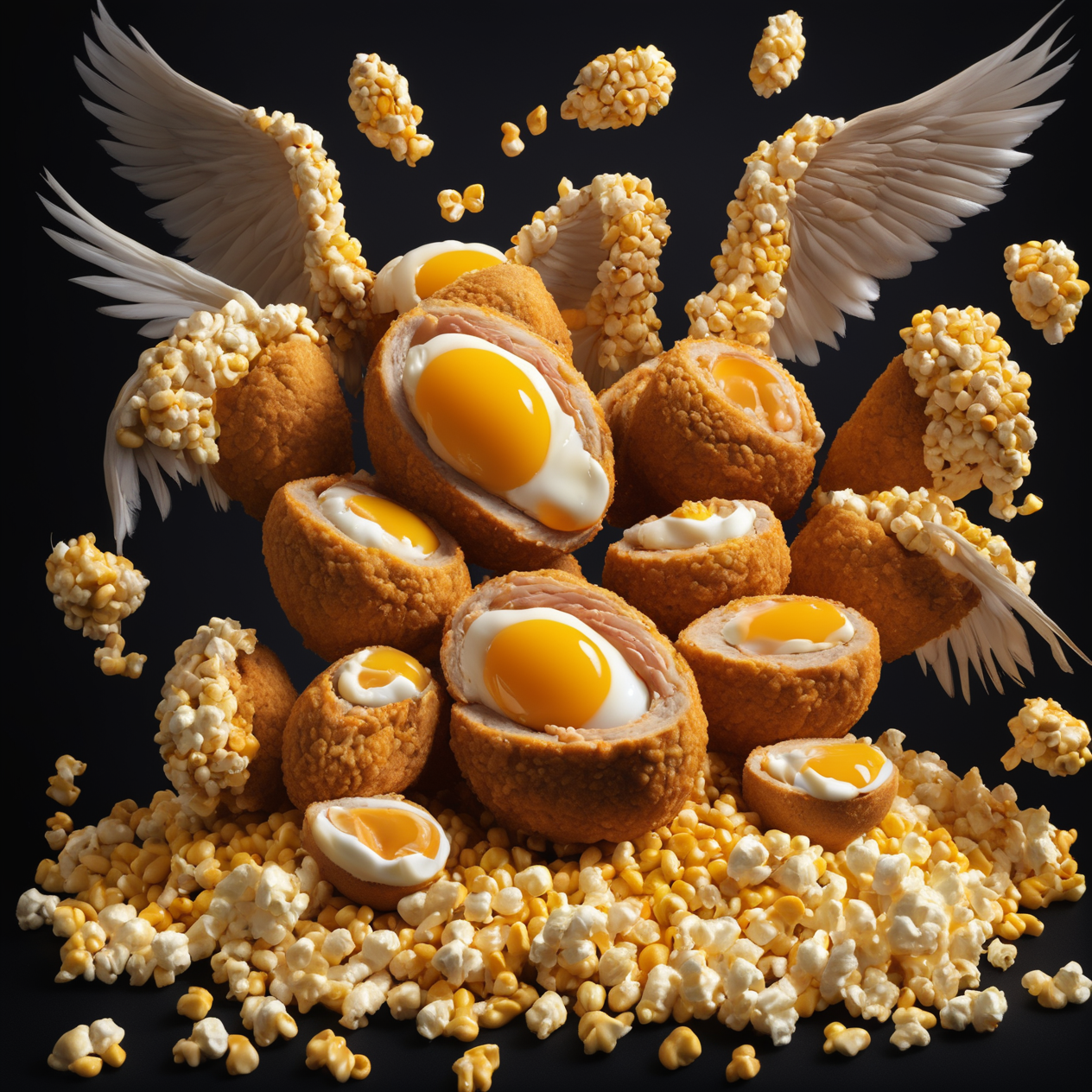 <lora:biblical_angels:0.8>photographic realism,biblicalangellora, integrated,wings, many eyes,buffalo wings and things,bisected scotch eggs,runny yolks,dark background,<lora:CornKernelStyle:0.6>corn kernels,popcorn