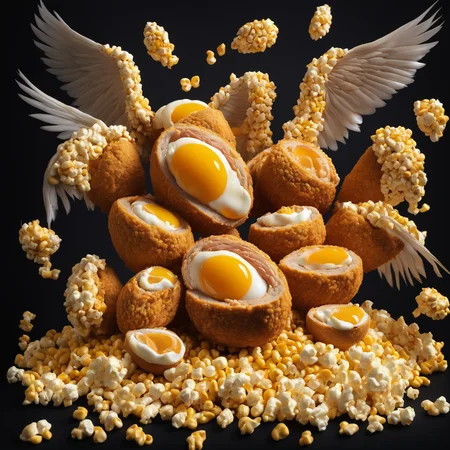 <lora:biblical_angels:0.8>photographic realism,biblicalangellora, integrated,wings, many eyes,buffalo wings and things,bisected scotch eggs,runny yolks,dark background,<lora:CornKernelStyle:0.6>corn kernels,popcorn