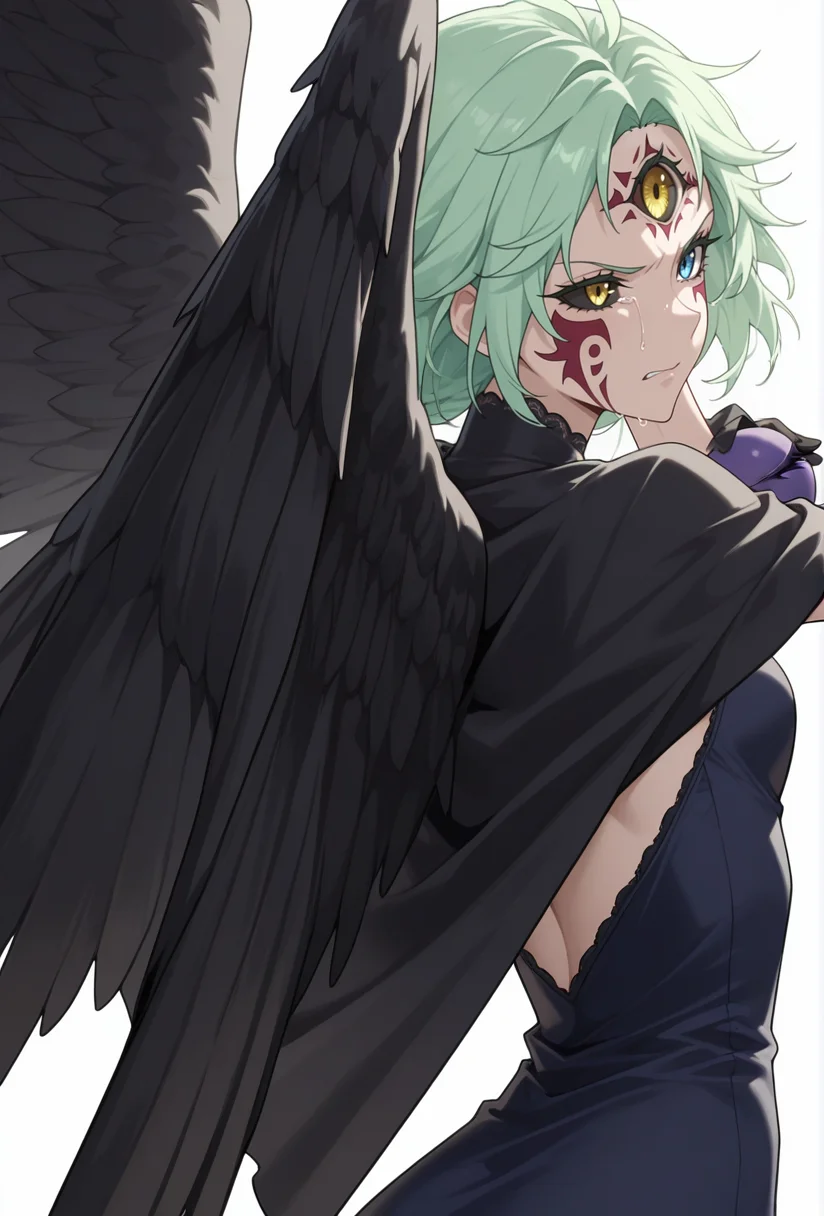 Smooth Quality,masterpiece,very intricate, high quality details, ultra realistic, high detailed skin,detailed enviorement,absurdres,
simple background, white background,solo,angry,
from behind,dancing,
sobbing,
<lora:Mjurran_cnn:0.7> mjurrancnn, demjurrancnn,1girl, short hair, + long hair, green hair, yellow eyes, blue eyes, facial mark, colored sclera, black sclera, heterochromia, third eye, extra eyes,
dress,black cape,wings,
