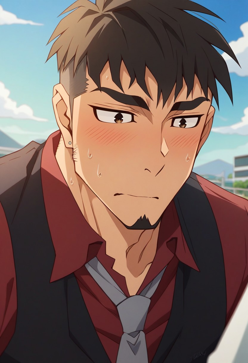 score_9, score_8_up, score_7_up, score_6_up, perfect anatomy, perfect proportions, best quality, masterpiece, high_resolution, high quality, aesthetic, absurdres, (male focus), solo male, nJay Chiang, black hair, short hair, dark brown eyes, thick eyebrows, sideburns, facial hair, goatee, earring, red collared shirt, grey necktie, black vest, sleeves rolled up, adult, mature, masculine, manly, handsome, charming, alluring, standing, upper body, (portrait, headshot, close-up:1.3), dutch angle, (shy, flustered, blush lines, intense blushing, embarrassed, sweat drop), photo background, outdoor, scenery, sky