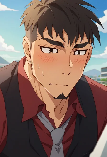 score_9, score_8_up, score_7_up, score_6_up, perfect anatomy, perfect proportions, best quality, masterpiece, high_resolution, high quality, aesthetic, absurdres, (male focus), solo male, nJay Chiang, black hair, short hair, dark brown eyes, thick eyebrows, sideburns, facial hair, goatee, earring, red collared shirt, grey necktie, black vest, sleeves rolled up, adult, mature, masculine, manly, handsome, charming, alluring, standing, upper body, (portrait, headshot, close-up:1.3), dutch angle, (shy, flustered, blush lines, intense blushing, embarrassed, sweat drop), photo background, outdoor, scenery, sky