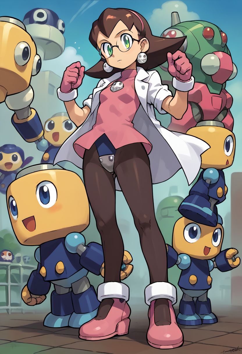 score_9, score_8_up, score_7_up, source_anime, 
ishikawa hideki style, Tron Bonne (Mega man), green eyes, short hair, brown hair, jewelry, black pantyhose, earrings, open clothes, pink shoes, hair pulled back, pink gloves, pink hairband, crotch plate, pink t-shirt, lab coat, glasses, (Servbot (Mega man), mecha)