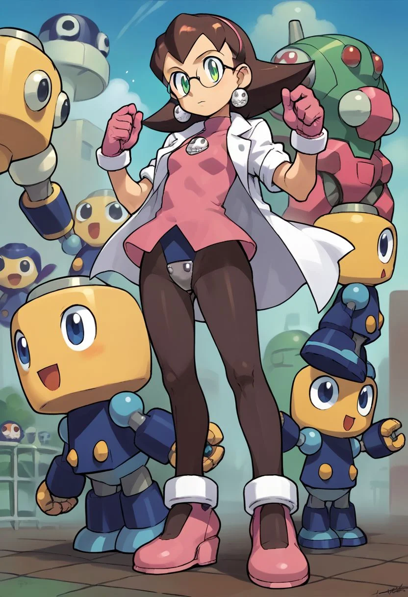 score_9, score_8_up, score_7_up, source_anime,
ishikawa hideki style, Tron Bonne (Mega man), green eyes, short hair, brown hair, jewelry, black pantyhose, earrings, open clothes, pink shoes, hair pulled back, pink gloves, pink hairband, crotch plate, pink t-shirt, lab coat, glasses, (Servbot (Mega man), mecha)