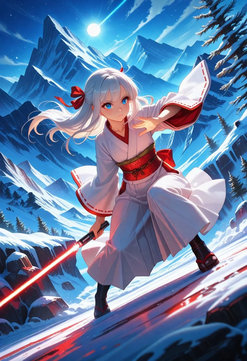 masterpiece, best quality, amazing quality, volumetric lighting, (by_neoartcore:0.1), BREAK, 1girl, 25 years old, cute, petite,
blue eyes,
white hair, long hair, hair ribbon, red ribbon,
japanese clothes, white kimono, long sleeves, red ornament,
holding lightsaber, red lightsaber,
battoujutsu stance, fighting stance, ready to draw, dynamic pose, dynamic angle,
winter, snow, mountains, scenery,