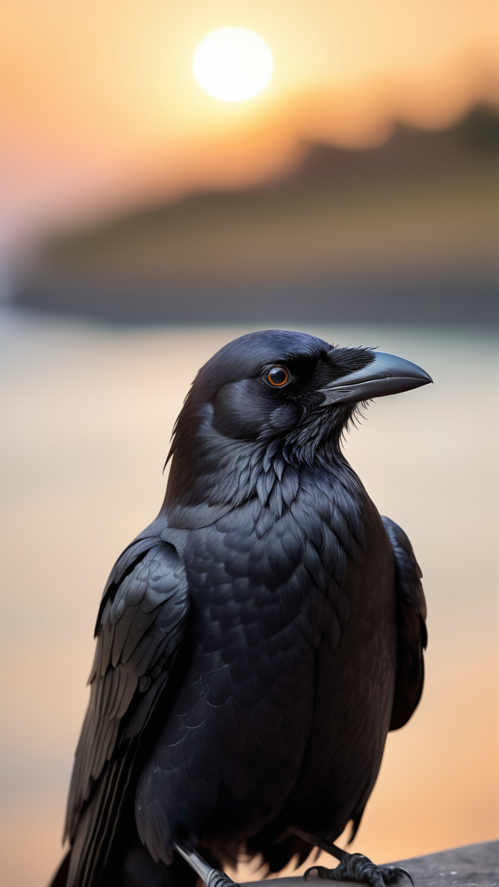 Picture a high-quality, close-up photograph capturing the enigmatic beauty of a crow's head in sharp detail. The crow's wise eyes are the focal point, deep and reflective, mirroring the entire world within their gaze. They hold an almost mystical quality, reflecting a miniature panorama of the surrounding landscape at sunset. The warm, golden hues of the fading sun bathe the scene, accentuating the intricate textures of the crow's feathers and adding a soft, ethereal glow to the image. The crow is looking directly into the camera, its gaze piercing and direct, creating an intense connection with the viewer. In its eyes, the faraway ocean and islands are glimpsed, subtly blurred in the background, enhancing the sense of depth and isolation. This image is framed with a careful balance of zoom and depth of field, ensuring the crowâs face is in sharp focus while the background fades into a dreamy bokeh, emphasizing the profound and solitary figure of the crow against the vastness of the world.