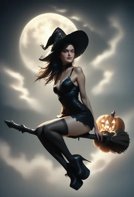 score_9, score_8_up, score_7_up, realistic, masterpiece, best quality, absurdres, vibrant, highly detailed, gorgeous, sexy, enchanting,
BREAK
SeijV2, high ponytail, open hair, reij-bewitched, black dress, black choker, black platform shoes, black stockings, black hat, pumpkin hatdetail, (smirk:0.6), skin details, detailed eyes, r1dingbroom, broom riding, broom, sidesaddle, looking at viewer
BREAK
Jed-dtl, (dark:1.2), night, starry sky, (full moon:1.5)